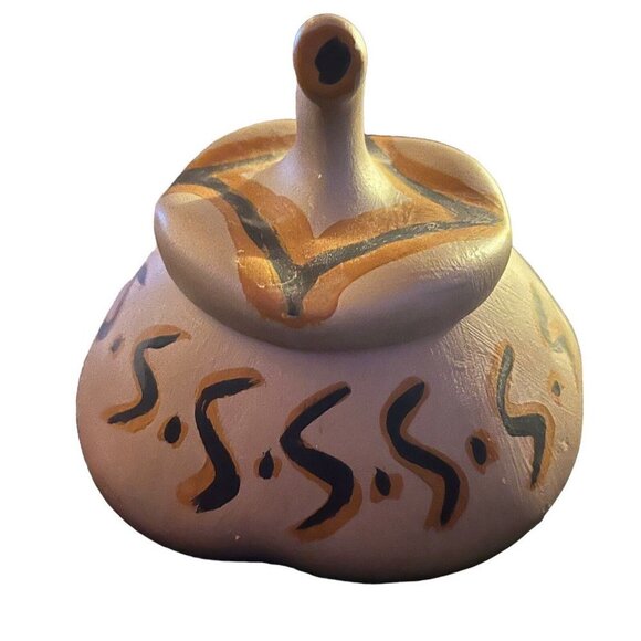 Carved Stone Soapstone Trinket Dish Round Lid Bowl Gourd Tribal Painted - Picture 4 of 9